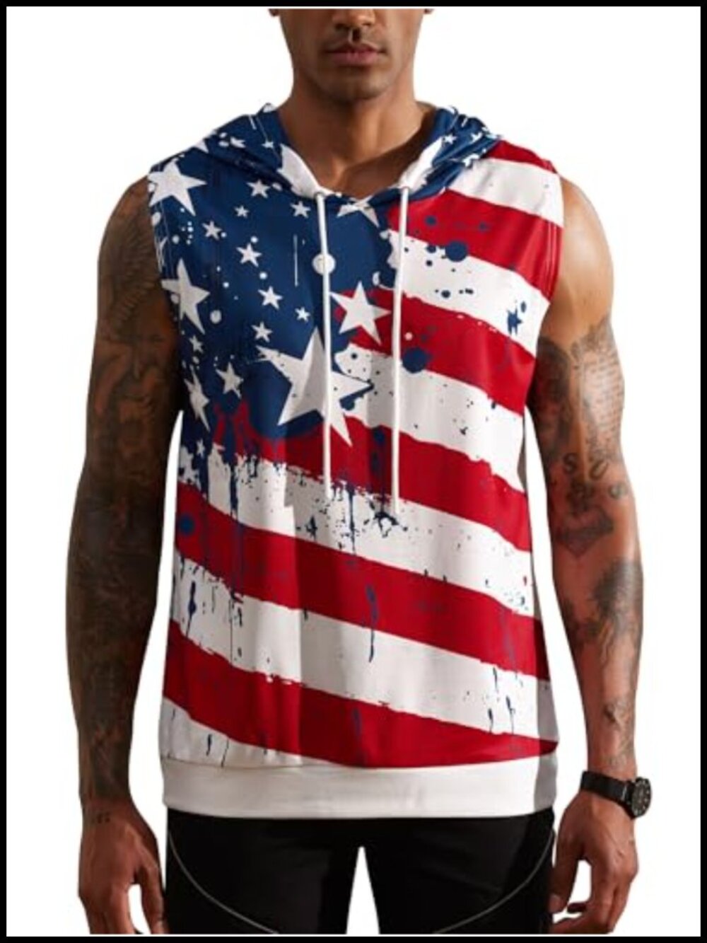 Men's Patriotic Hooded Tank Top Sleeveless Drawstring Muscle Shirt
